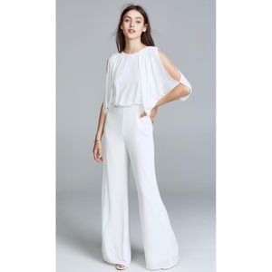 Halston Evening High Neck Draped Shoulder Jumpsuit